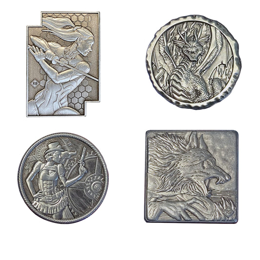 A collection of four silver-colored custom challenge coins with various fantasy ad sci fi-themed designs, including a werewolf, a dragon, a woman cyberpunk ninja, and a steampunk-inspired woman with a gun.