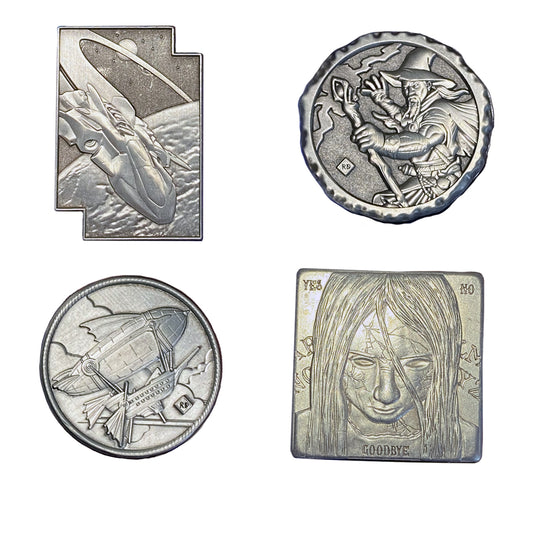 The reverse side of four sci fi and fantasy themed custom challenge coins, in silver color, including a spaceship, a wizard, a steampunk dirigible airship, and a spooky little girl with a ouija-board -themed design