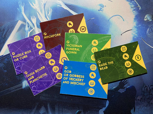 Set of idea generating cards with text and symbols on a playmat with a mystical background