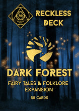 Load image into Gallery viewer, the cover illustration for the Recklesss Deck Dark forest Expansion showing a spooky forest at night with fairy lights in the distance