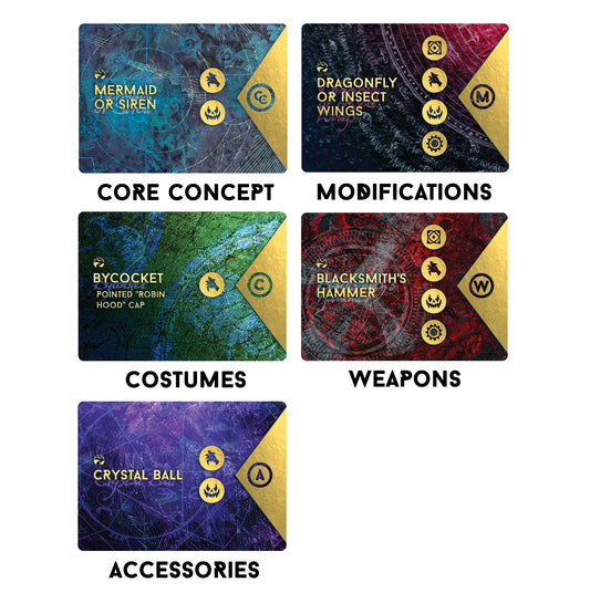five different card categories of the Reckless Deck Dark Forest Fairy Tale Expansion that smash your creative blocks and level up your creative process
