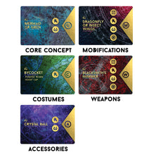 Load image into Gallery viewer, five different card categories of the Reckless Deck Dark Forest Fairy Tale Expansion that smash your creative blocks and level up your creative process