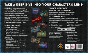 An image showing the bottom of the Psyche box, including product descriptive copy and images of each of the different narrative prompt categories included in Psyche.