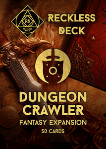 Front cover illustration for Reckless Deck Dungeoncrawler High Fantasy Expansion showing fantasy coins, a fantasy sword, a spellbook, and a fantasy map