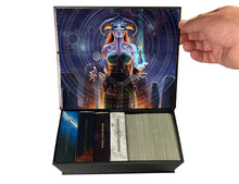 Load image into Gallery viewer, An image showing the fantasy art illustration of a Viking priestess displayed on the interior lid of the magnetic box of this character creating deck