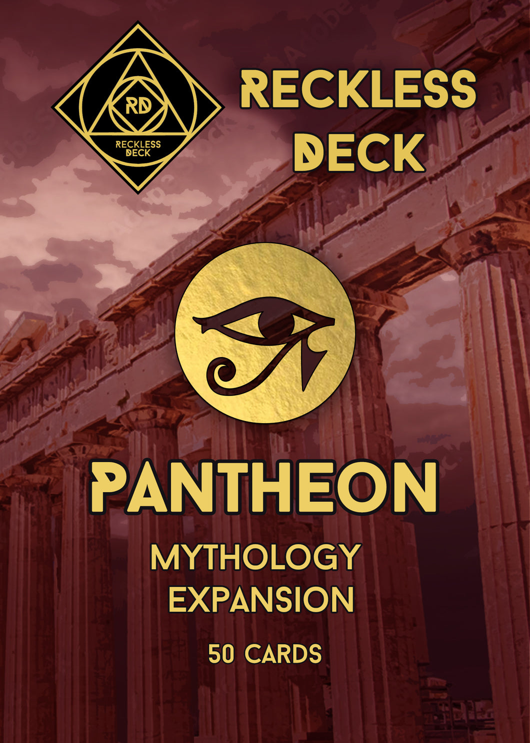 An image of the cover art for the Reckless Deck PANTHEON Mythology Expansion card deck