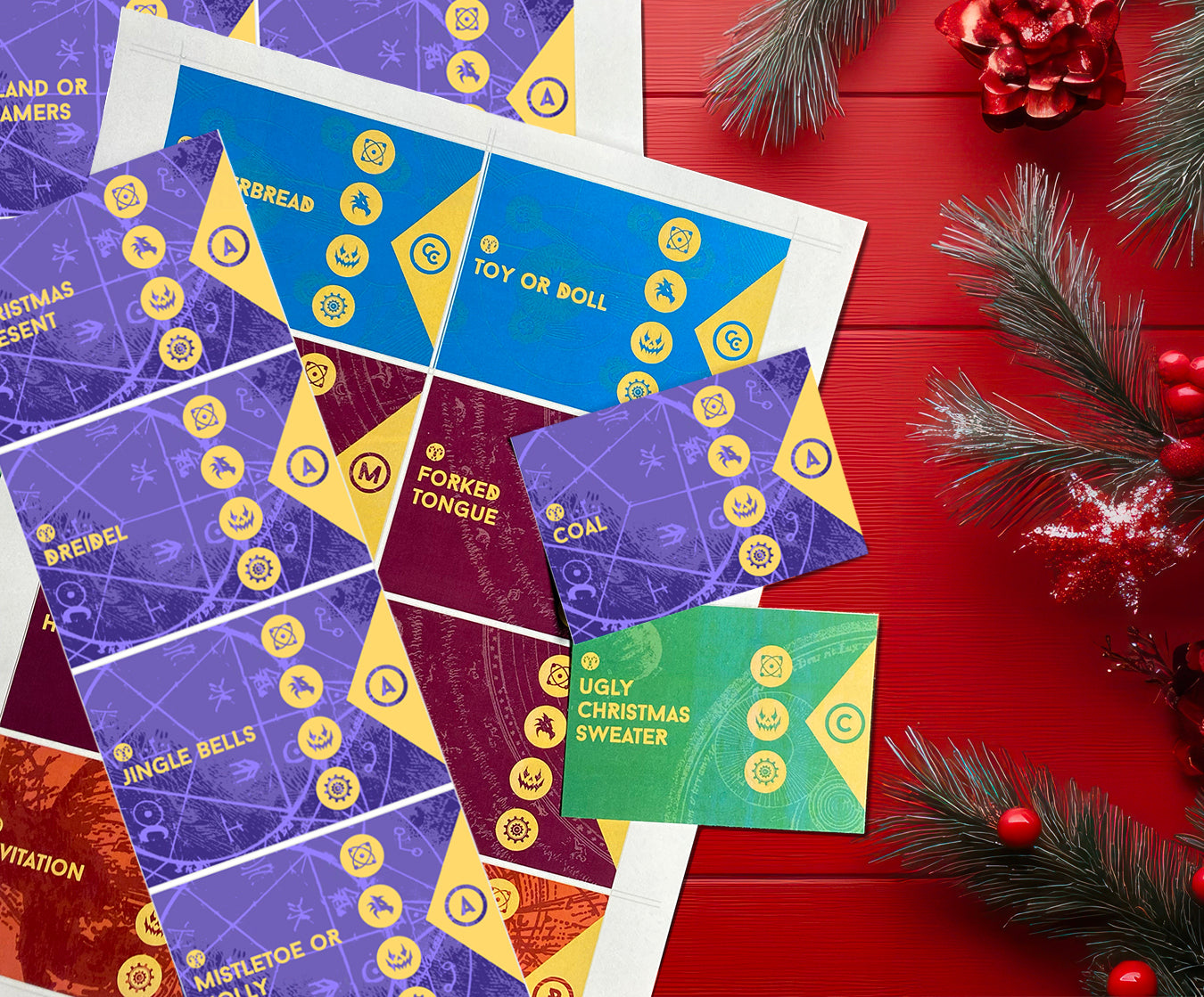 Colorful creative prompt cards with text and patterns on a red wooden surface with Christmas decorations.