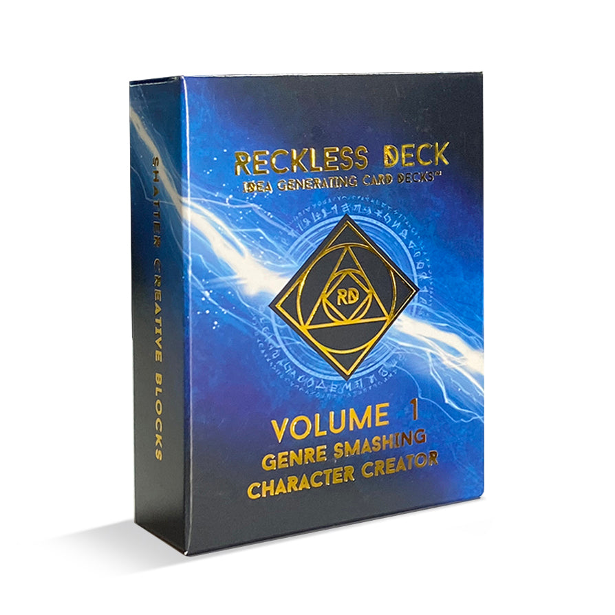 An image of the idea generating card deck Reckless Deck Volume 1, with it's dark blue box, gold lettering, and lighting bolt design