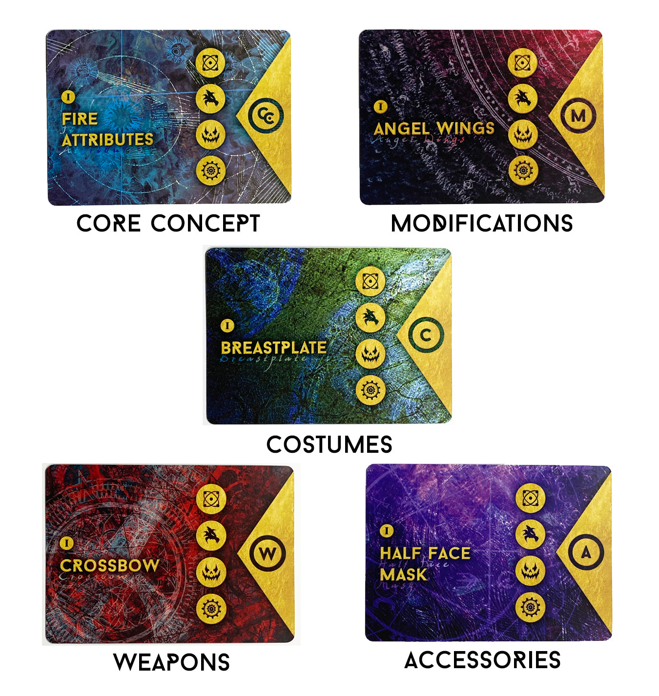 An image of one card of each of the five different character creating categories included in Reckless Deck Volume 1